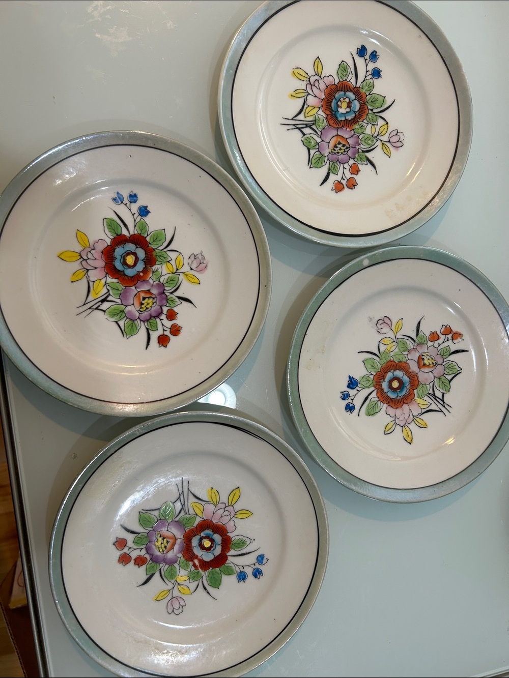 Set of four vintage art deco floral iridescent salad plates Japan